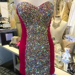 La Femme Short Hot Pink Dress with Rhinestones
